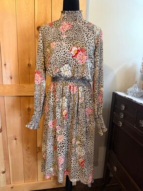 Nanette Lepore Beige Leopard Floral Smocked-Neck Midi Dress